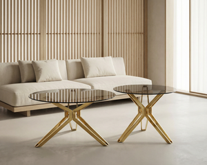 Zestaw 2 Stoliki Kawowe Okrągłe Czarnego Szkła Hartowanego Złoty Stelaż BALANCE