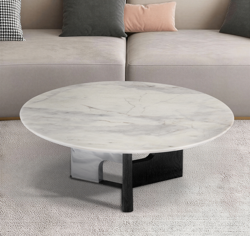 Stolik Kawowy Okrągły Marmur Naturalny 90x90 Nogi Drewno Inox Grace — Biały