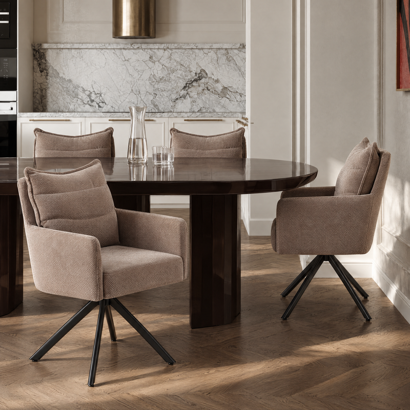 Krzesło Obrotowe 180° Do Jadalni Tkanina Premium Nogi Stal Malowana Plush 6325 — Ciemnobeżowy