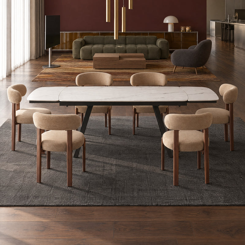 Stół Do Jadalni Ceramiczny 160–240x90 Marmur Nogi Stalowe Czarne Rhythm — Biały