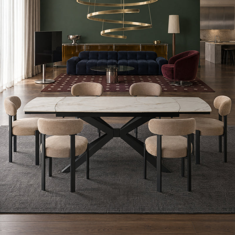 Stół Do Jadalni Ceramiczny 160–240x90 Marmur Zaokrąglone Rogi Metal Nogi DT-6006-1 — Biały