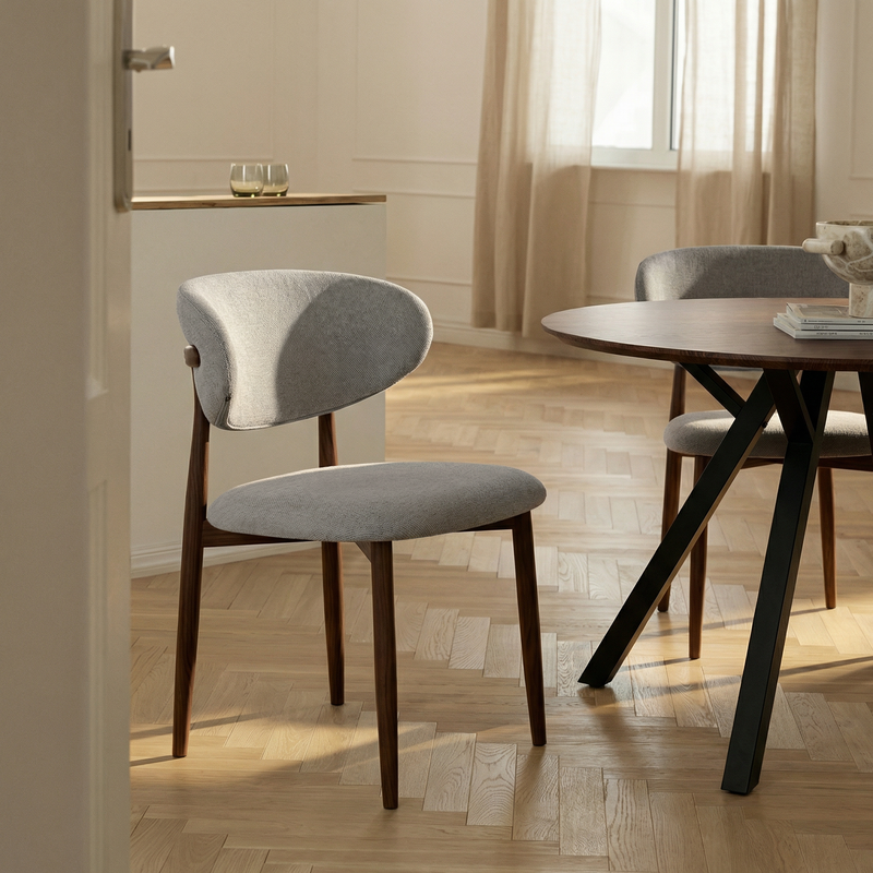 Krzesło Do Jadalni Tapicerowane Loft Metalowa Rama w Kolorze Drewna 6083 — Jasnoszary / Orzech