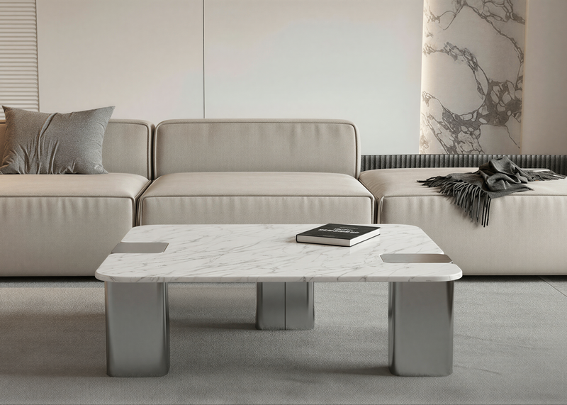 Stolik Kawowy Kwadratowy Marmur Naturalny 100x100 Nogi Inox Cloud — Biały